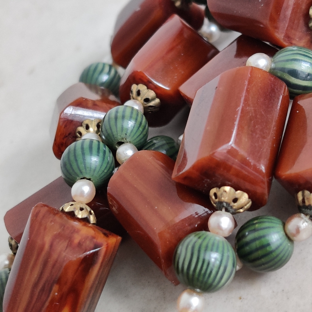Art Deco Chunky Brown Bakelite Beads Long Necklace